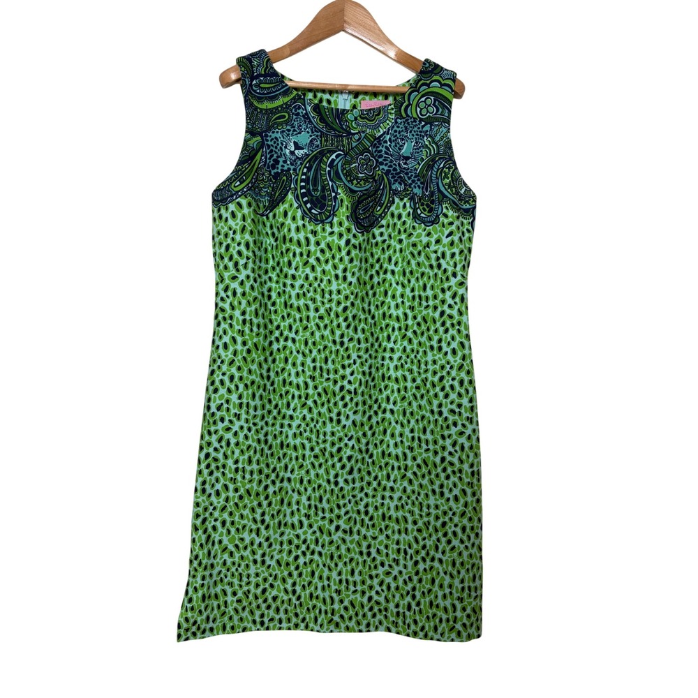 Lilly Pulitzer Green Leopard Paisley Shift Dress Sleeveless Blue Border Size 8
